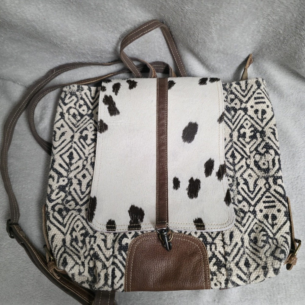 Myra Bag Oriental Cowhide Backpack S-1269 Upcycled Canvas Rug Leather Western